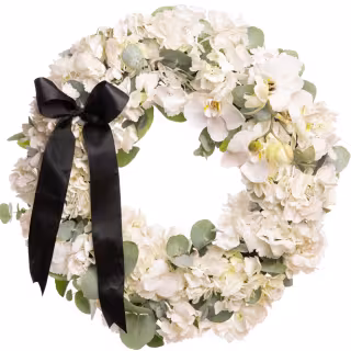 Coroană funerară elegantă cu hortensii si orhidee albe