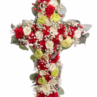 Cruce funerară cu garoafe și gypsophila