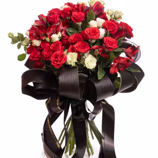 Buchet funerar cu trandafiri și alstroemeria