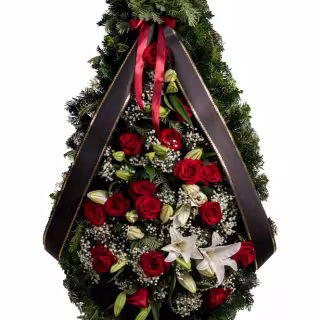 Coroană funerară cu crini şi trandafiri