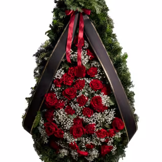 Coroană funerară cu flori roșii