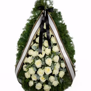 Coroana funerara cu trandafiri albi