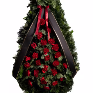 Coroană funerară cu garoafe roșii