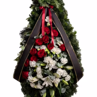 Coroană funerară cu crini si trandafiri roșii