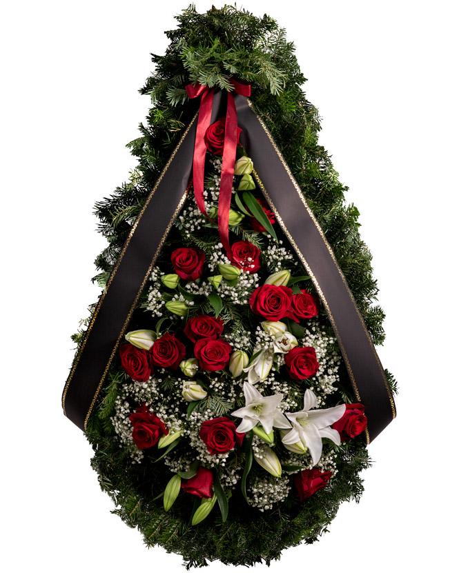 Coroană funerară cu crini şi trandafiri