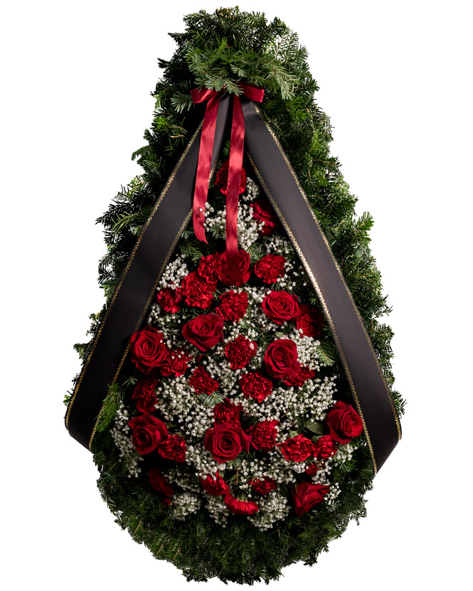 Coroană funerară cu flori roșii
