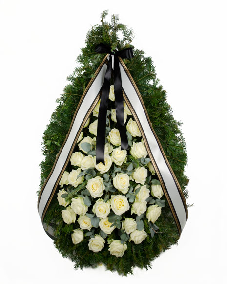 Coroana funerara cu trandafiri albi