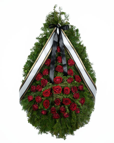 Coroană funerară cu trandafiri roșii