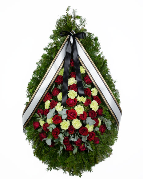 Coroana funerara cu trandafiri si garoafe