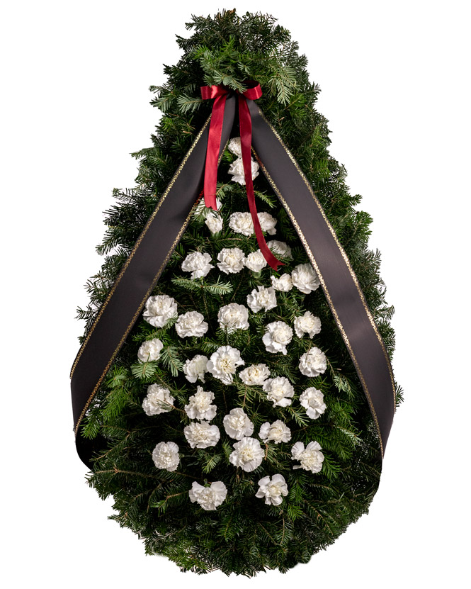 Coroană funerară cu garoafe albe