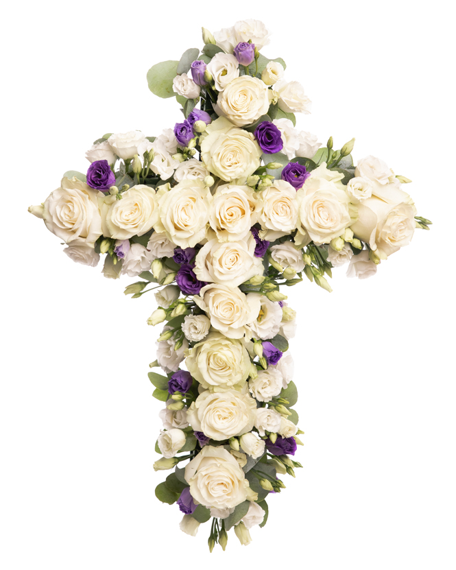 Aranjament funerar în formă de cruce cu trandafiri și eustoma