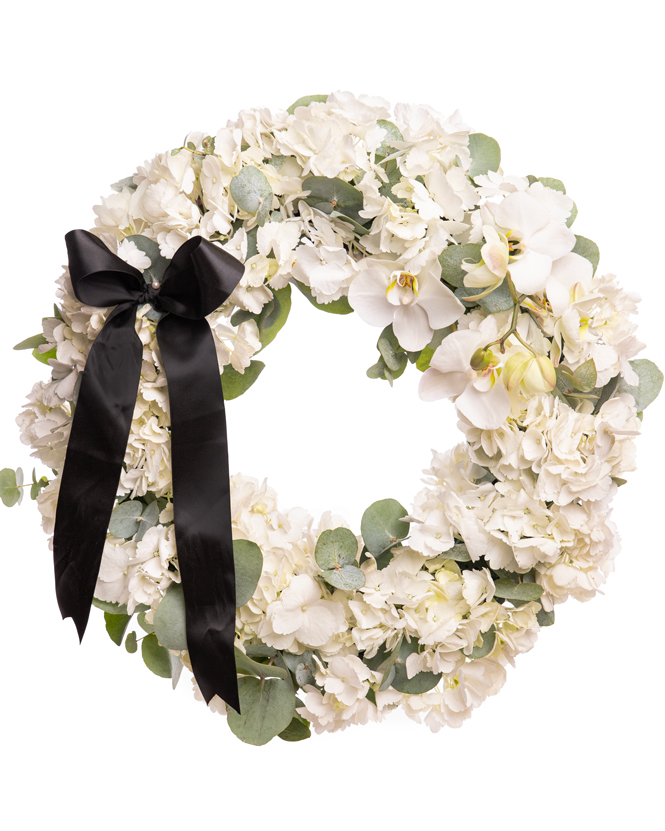 Coroană funerară elegantă cu hortensii si orhidee albe