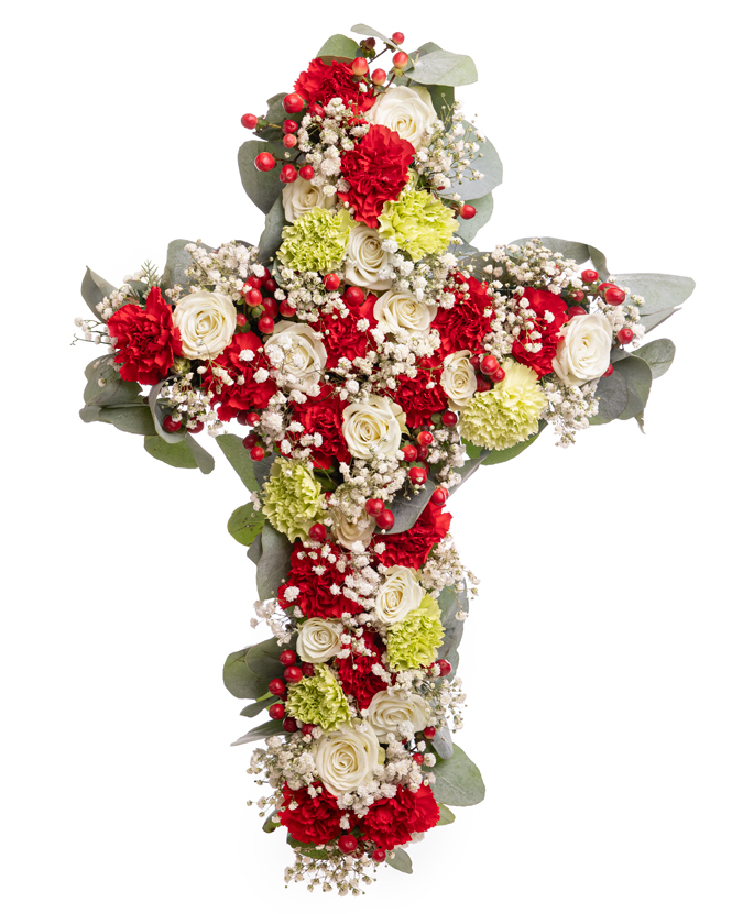 Cruce funerară cu garoafe și gypsophila